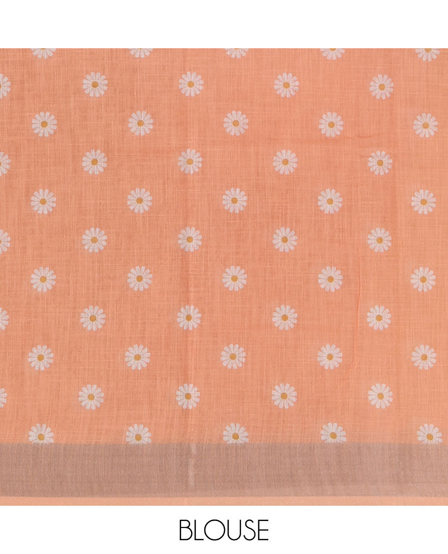 Peach sunflower motif printed linen saree, silver zari plain border & small sunflower motif print blouse