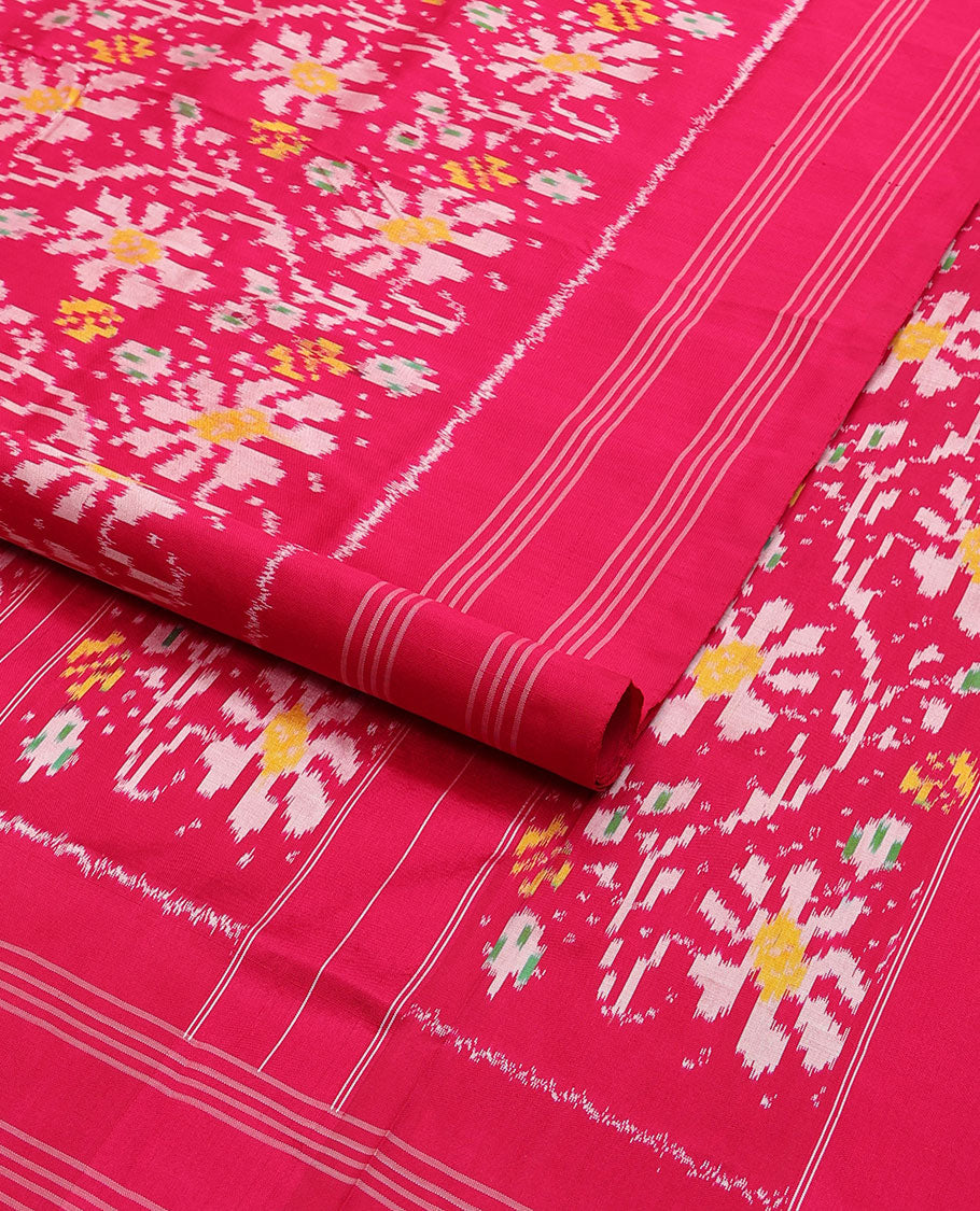 Red floral motifs ikkat saree with self striped border & striped floral design pallu