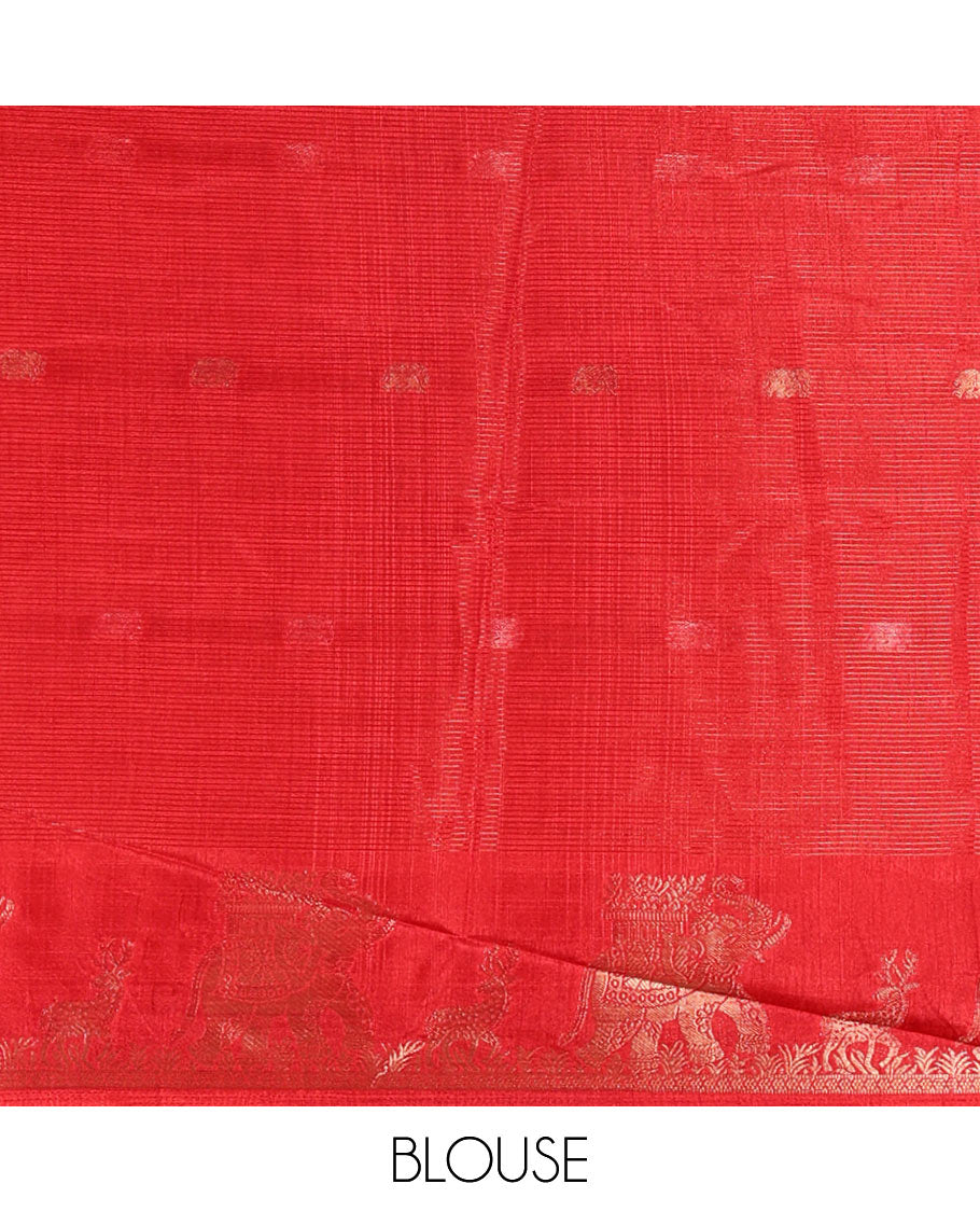 Half-white zari stripes and buttas dola silk saree, contrast red-orange Ganga-Jamuna temple elephant motifs border, paisleys printed pallu, and contrast elephant buttas blouse