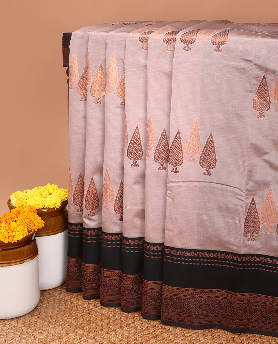 Pastel brown copper zari butta litchi soft silk saree with contrast double pad border & zari butta blouse