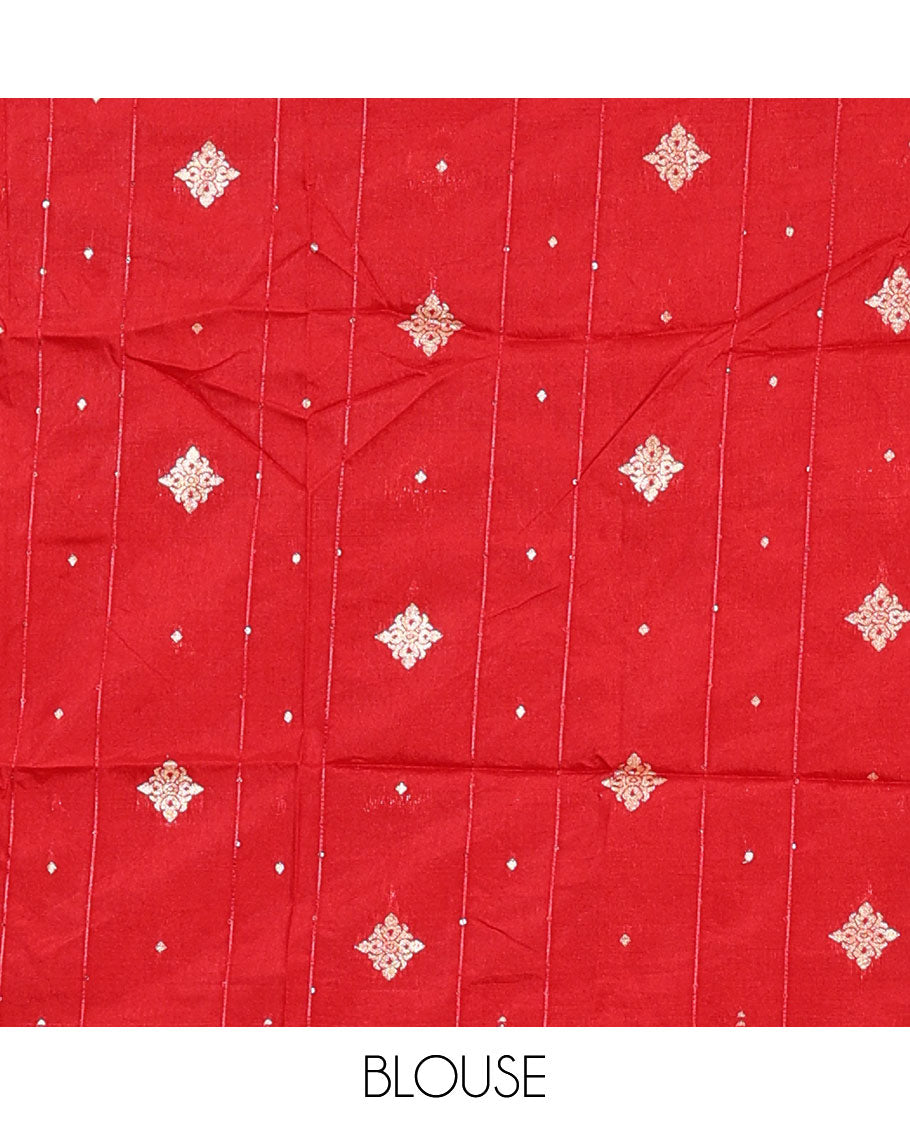 Orange gold zari vertical striped dola silk saree, contrast traditional zari border of manga design, striped pallu & contrast diamond design blouse