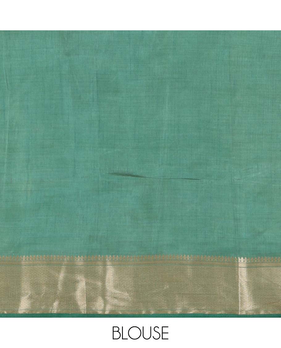 Green uniquely printed semi-tussar saree, traditional zari border, zari striped pallu, and a matching blouse