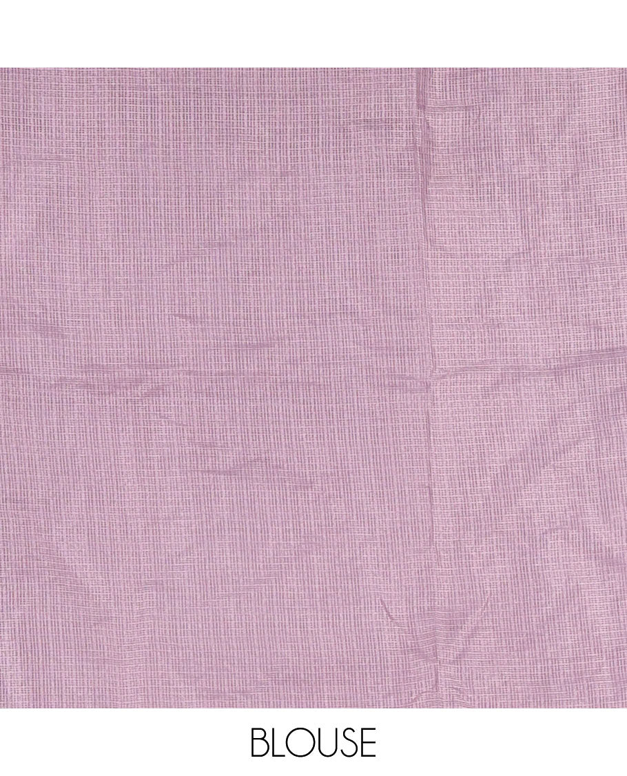 White floral vine chickankari embroidered kota chex saree, lace border, floral vine chickankari embroidered pallu, and contrast plain blouse