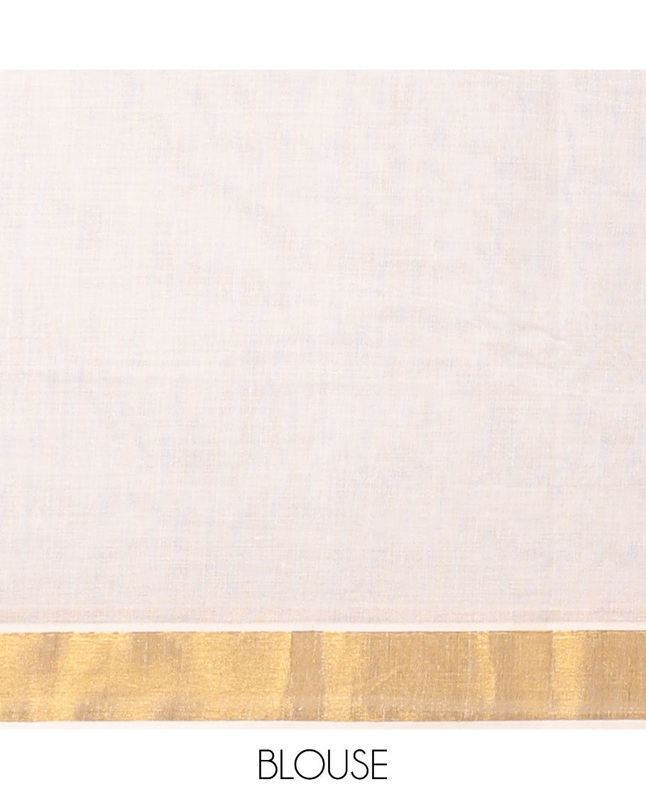 Cream kerala saree with zari stripes, zari border & pallu of intricate designs in zari