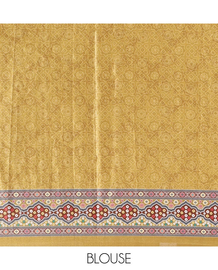 Mustard bandhani dots, geometric print, and mirrorwork masakali saree, printed border, printed and mirrorwork pallu, and a matching printed blouse