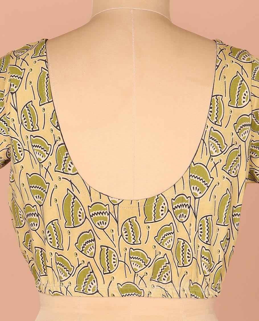 Pale Yellow Readymade Blouse Embellished with Lotus Motifs Print, Featuring Front Round Neck, Back Round Neck, and Elbow Sleeves