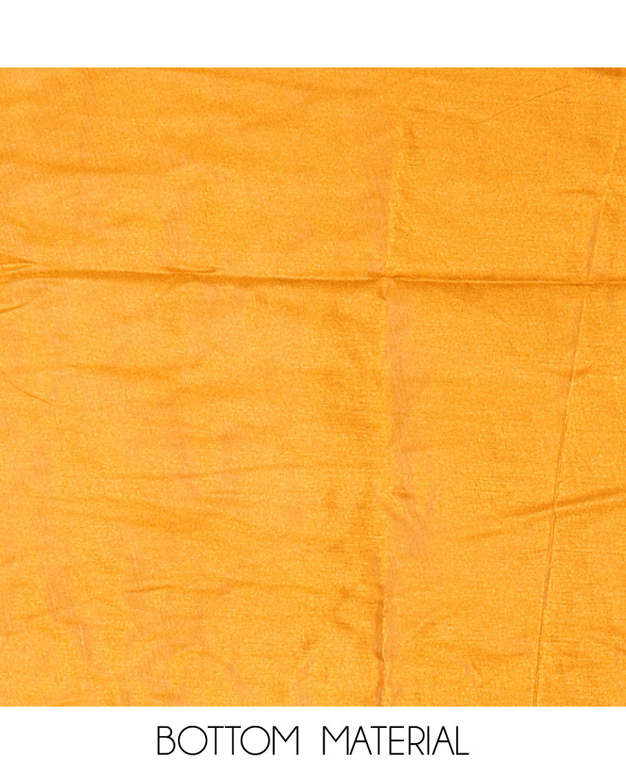 Mustard material chudidar set, plain with fancy thermacol balls neck work Vichitra top, cotton bottom, and floral printed dupatta