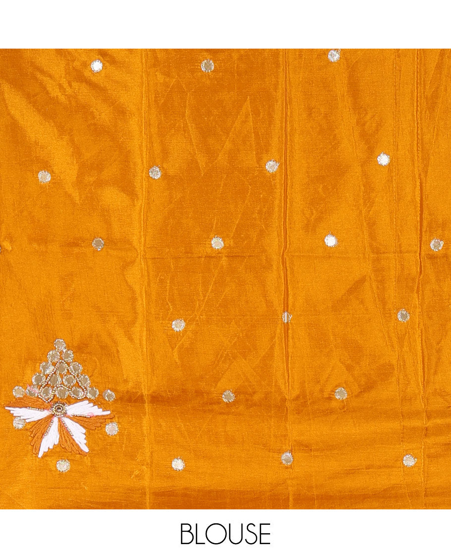 Cream floral placement-style printed Marble chiffon saree, zari border & contrast yellow gotta patti work & mixed embroidered blouse