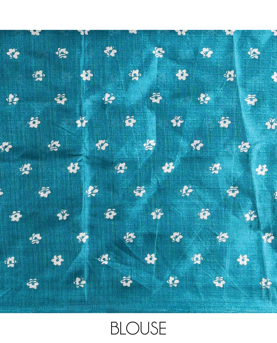Half-white batik-style floral vine printed khadi cotton saree, contrast rama blue border, batik floral printed, and contrast flower motifs printed blouse
