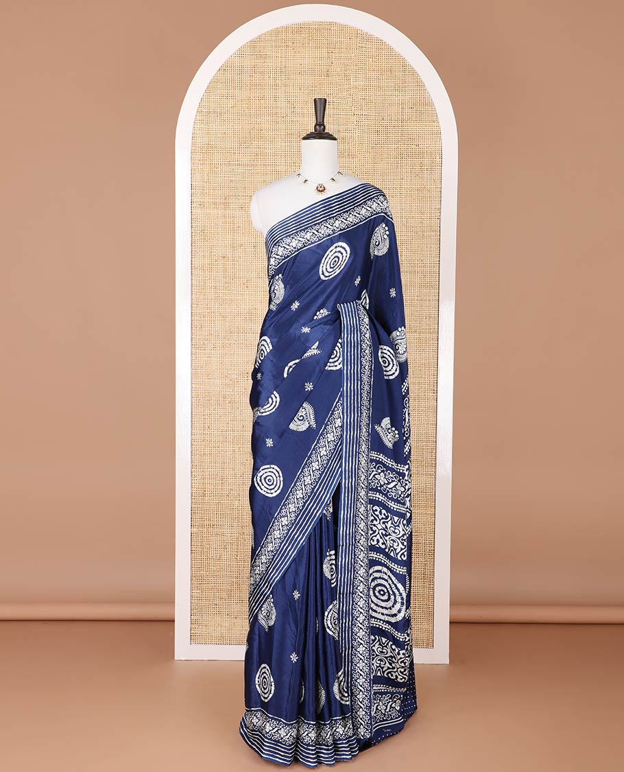 Blue printed turkey crepe saree with printed border & printed pallu along with dot printed blouse