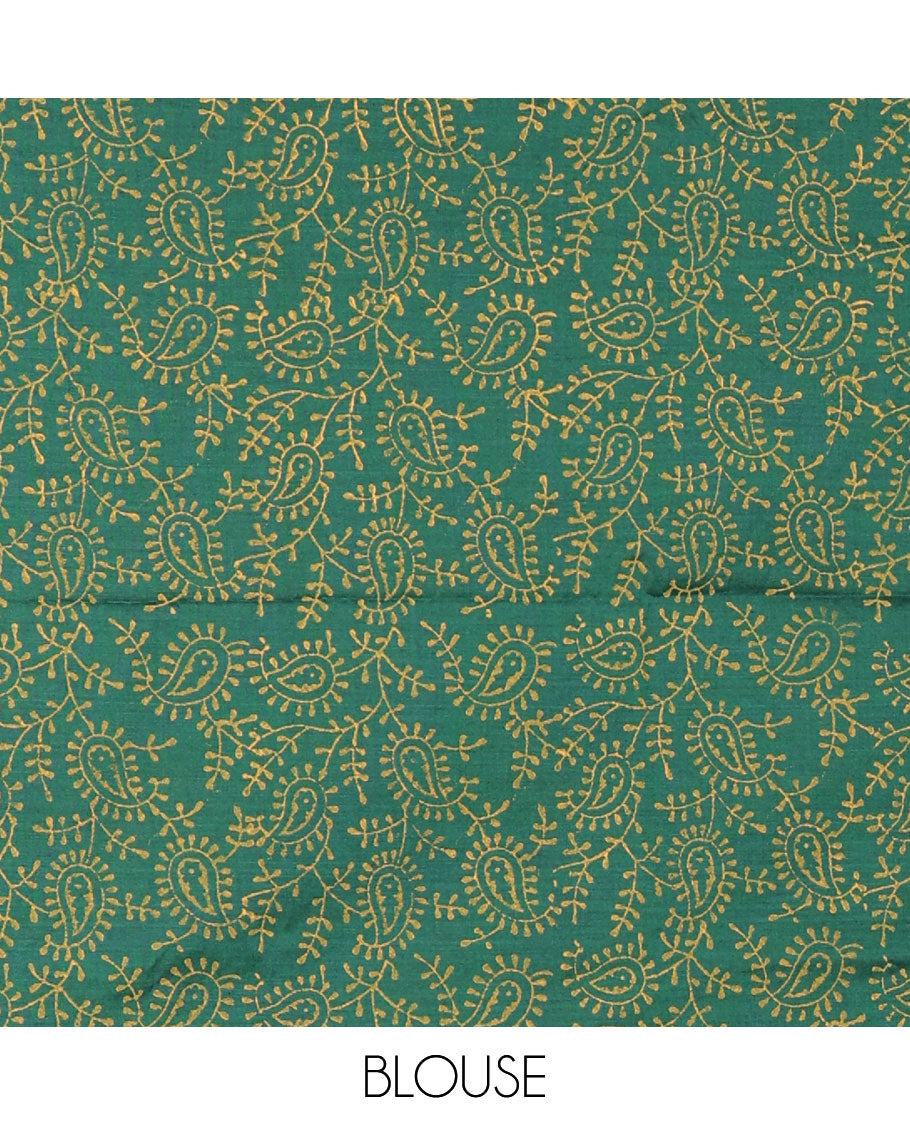 Borderless mustard pear fruit-shaped patchwork South cotton saree with a matching blouse and a contrast paisley vine printed blouse