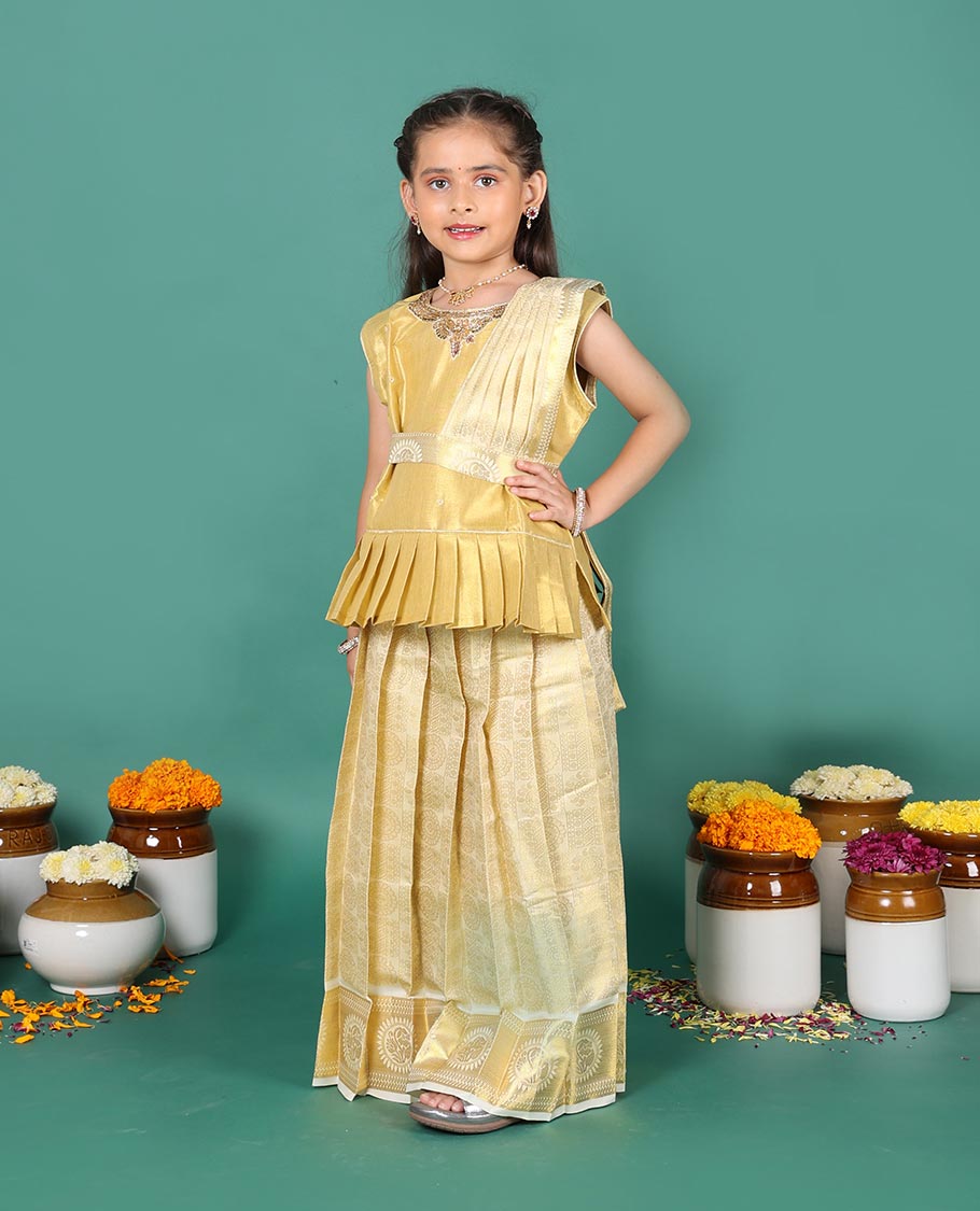 Cream art silk pavadai readymade set, golden zari chakram jacquard with traditional zari border skirt, embroidered sleeveless blouse, and detachable dupatta