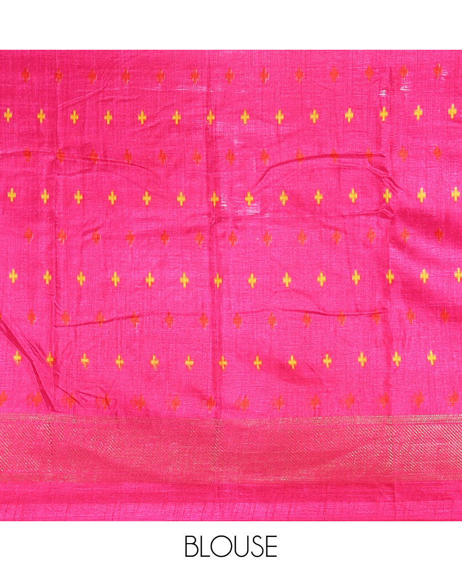 Yellow bandhani dotted dola silk saree, contrast patola style animal motifs enclosed diamond gird zari border, and contrast printed blouse