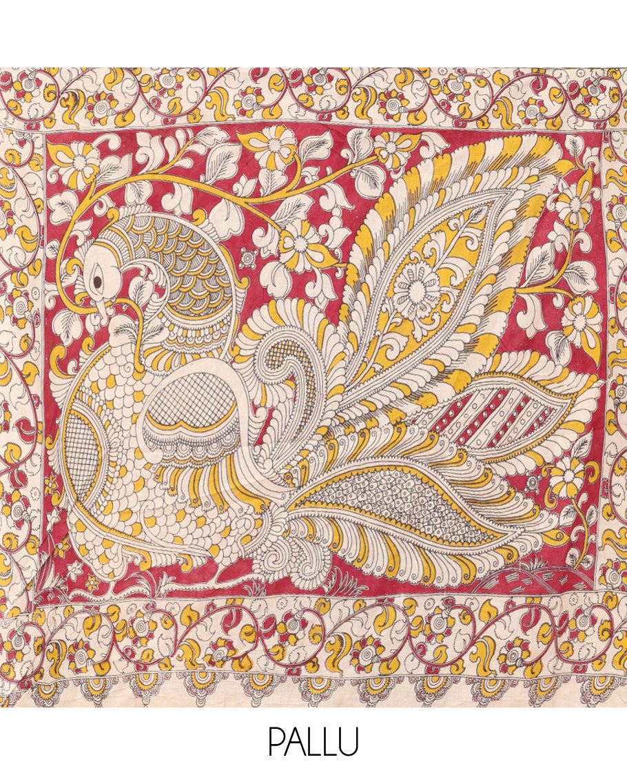 Red Kalamkari Cotton Saree, Adorned with Floral Vine Print, Contrast Printed Border, Kalamkari Peacock Motifs Pallu, and a Contrast Blouse