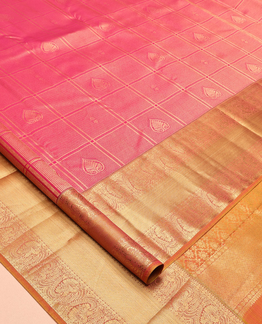 Pink Vasundhara Lite Silk Mix Saree, Elevated with Jacquard Design, a Contrast Border of Thilakam, Rudraksham, Kuyil Kann, and Kodi Visiry Designs, Jaal Pallu, and a Contrast Blouse