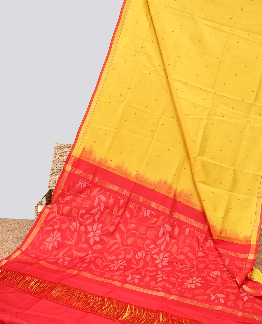 Yellow motifs uppada silk saree with contrast zari border & floral vine design pallu