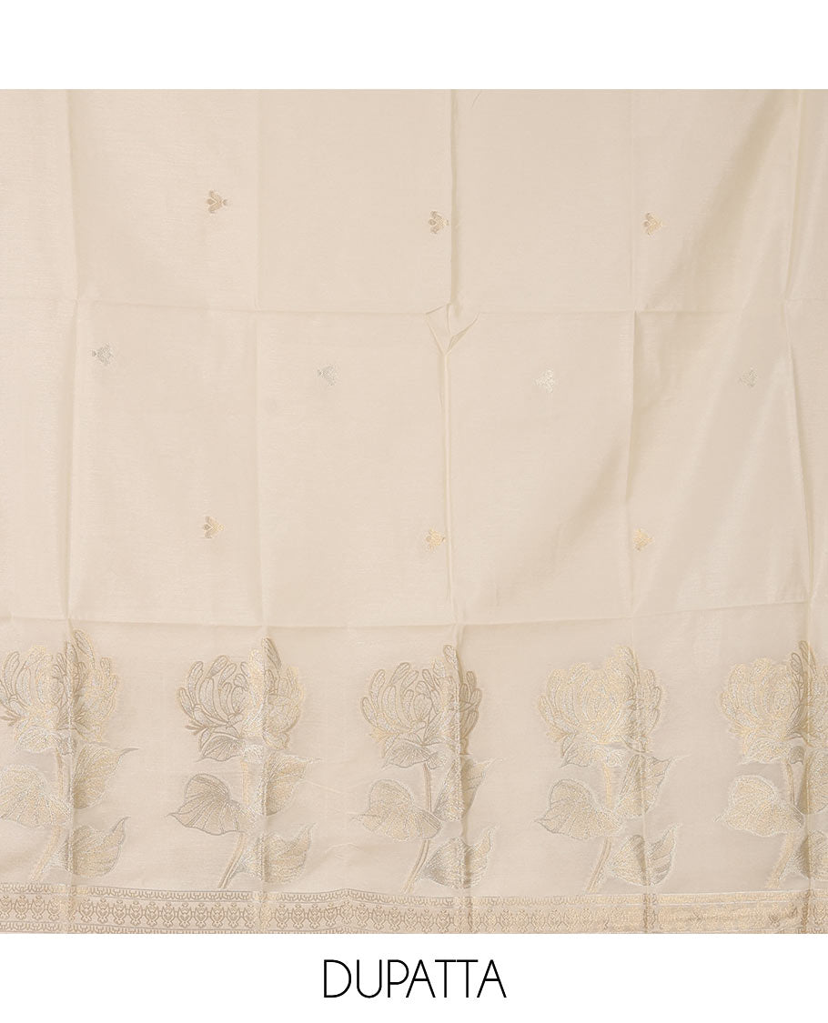 Kerala cream chudidar material set, zari buttas woven taffeta silk top, plain cream santoon bottom & floral zari woven dupatta