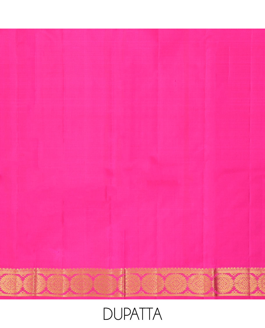 Blue leaf buttas pure silk half saree with contrast intricate zari design border, zari design blouse & floral zari design dhavani