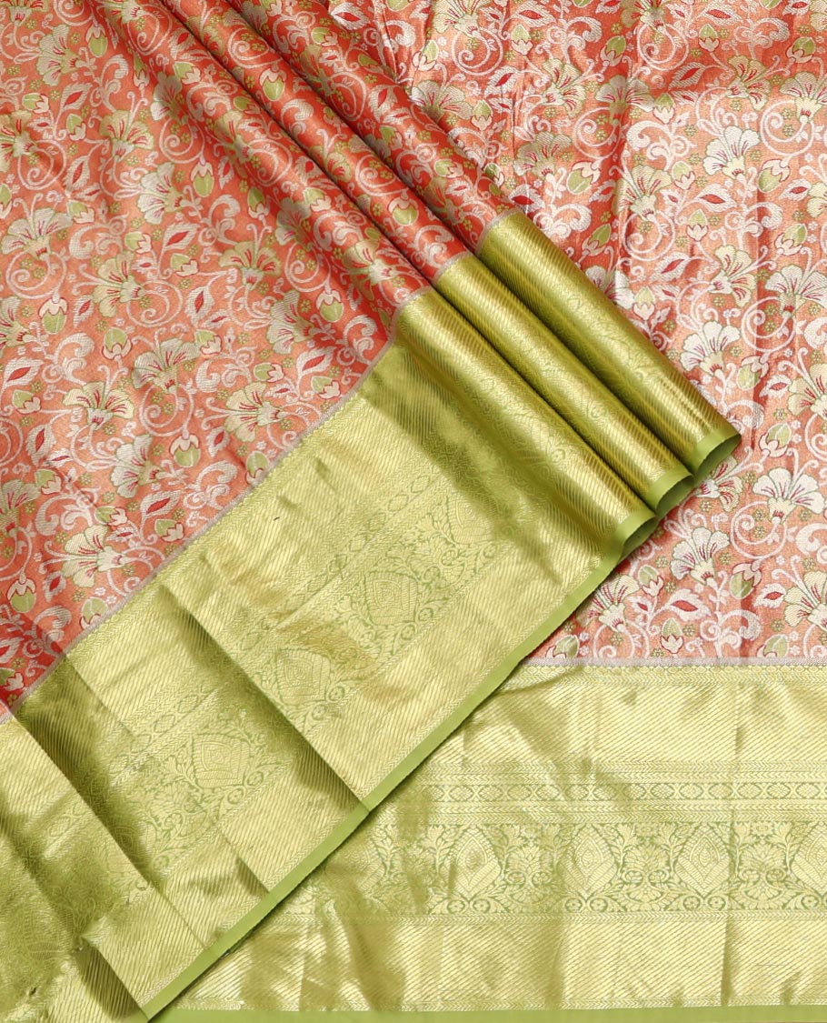 Orange Art Silk Material Half Saree Set Featuring a Zari Buttas and Checked Skirt, a Contrast Traditional Zari Design Border, Contrast Blouse, and Zari Designs Dhavani