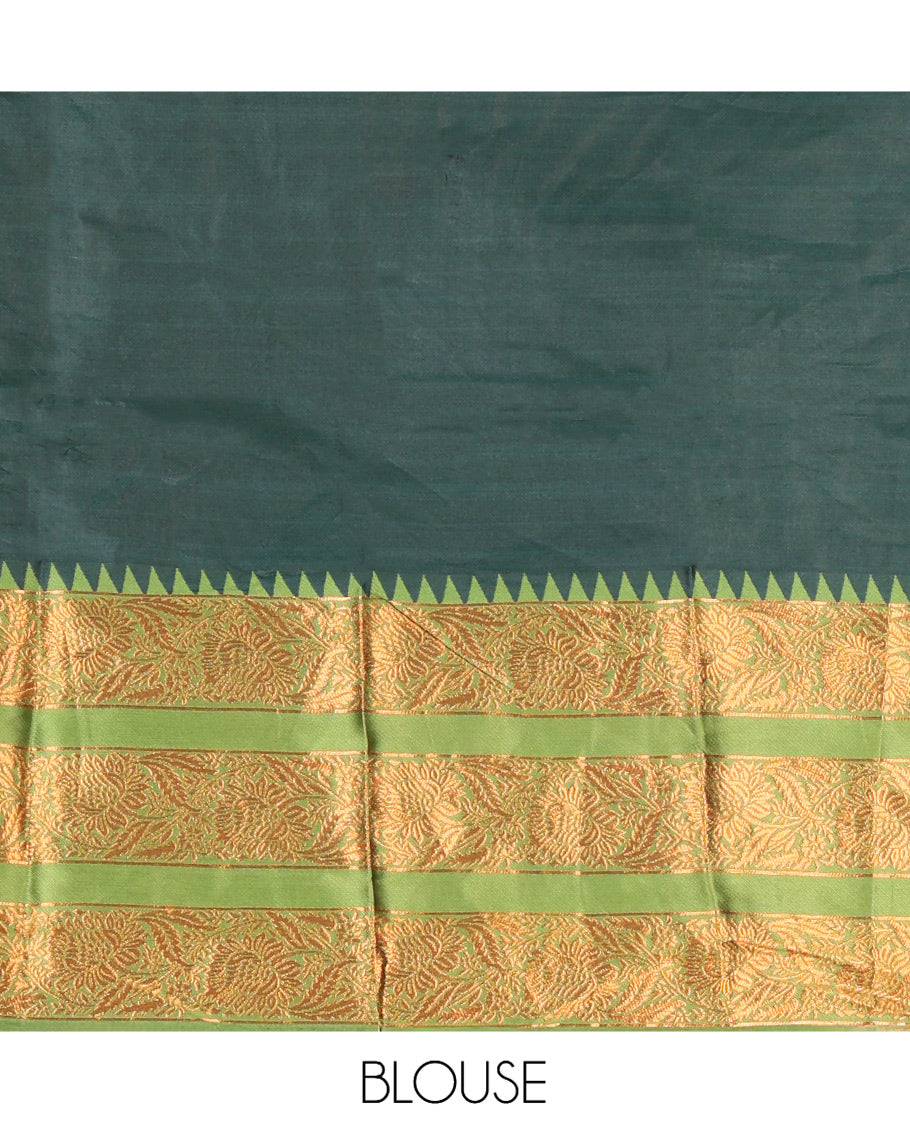 Bottle Green Semi-Banarasi Half-Saree Features Plain Skirt, Contrast Floral Creeper Zari Border, Matching Blouse, Contrast Dhavani