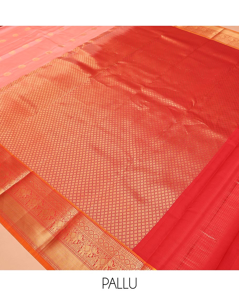 Pink Vasundhara Lite Silk Mix Saree, Spotlighted with Zari Buttas All Over Its Body, Complemented by a Contrast Border of Rekku, Rudraksham, Laddu Kamalam, Yaanai, and Mayil Kann Designs, Grand Jaal-Design Pallu, and Paired with a Contrast Blouse