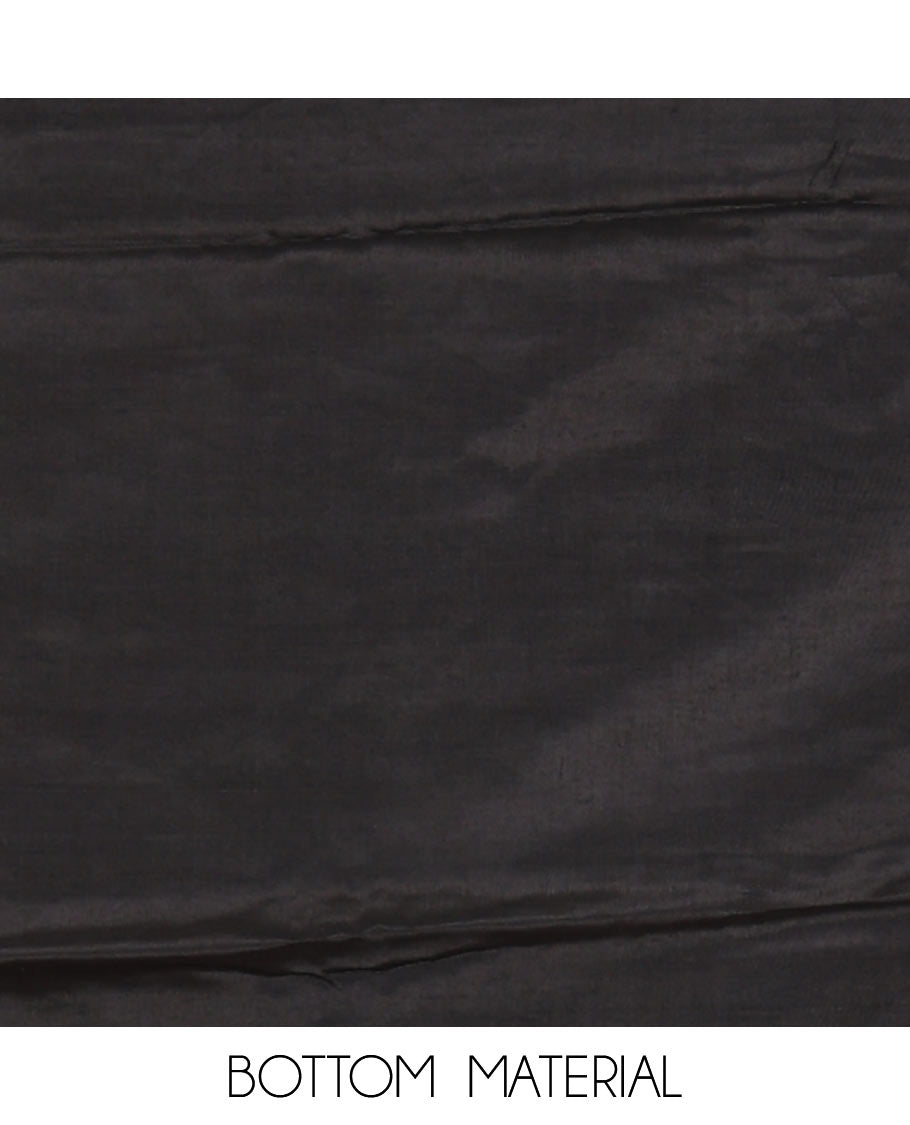 Black material chudidar set, plain Vichitra silk top, santoon bottom, and dupatta of Ajrakh print and mirror work