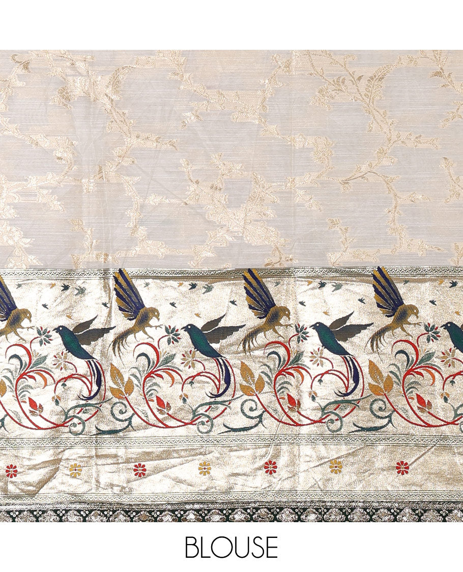 Cream banaras halfsaree, jaal jacquard skirt, contrast peacock green paithani border, matching blouse, and Syska georgette embroidered dhavani