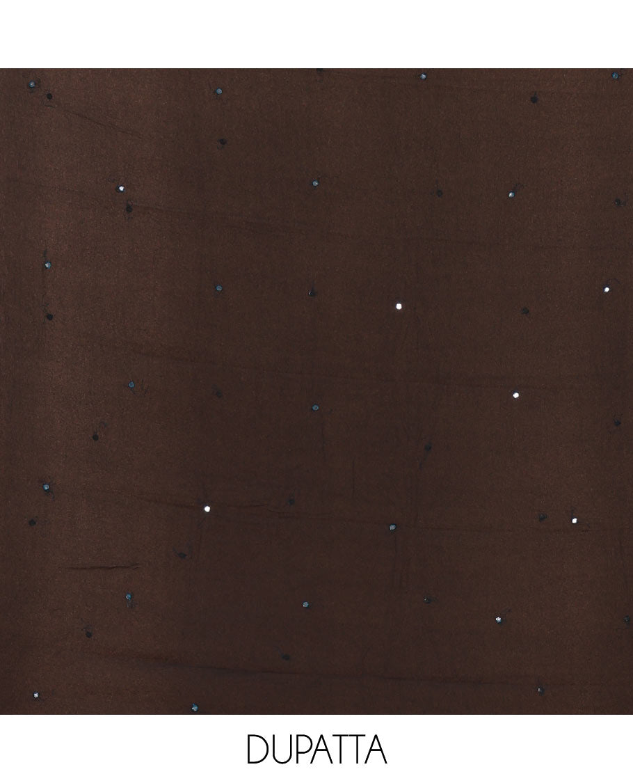 Blue material chudidar set, black beads & mirror neck embroidered with buttas woven vichitra silk top, santoon bottom & contrast mirror work chiffon dupatta