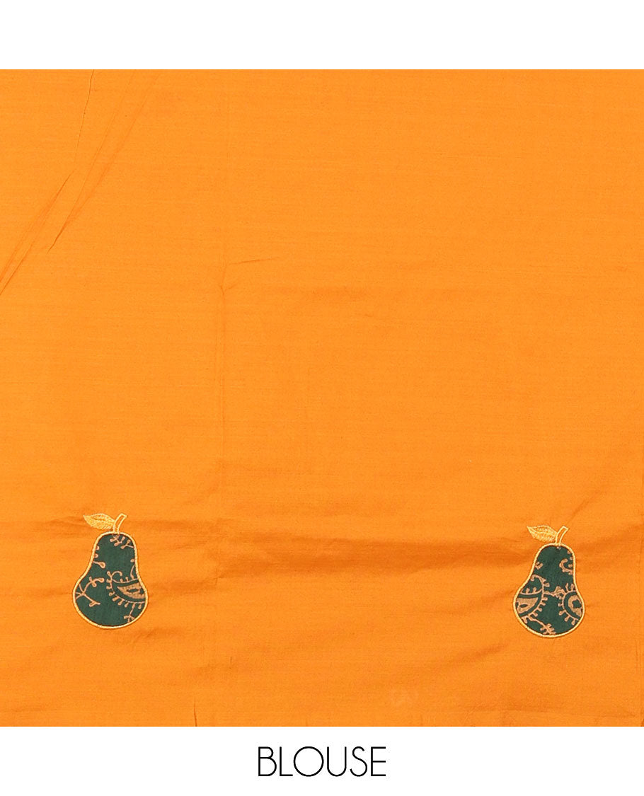 Borderless mustard pear fruit-shaped patchwork South cotton saree with a matching blouse and a contrast paisley vine printed blouse