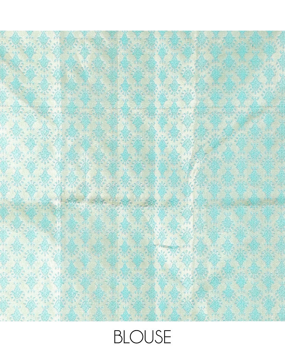 Mint green striped, floral design kanchipuram designer silk saree with contrast temple border & floral zari design pallu