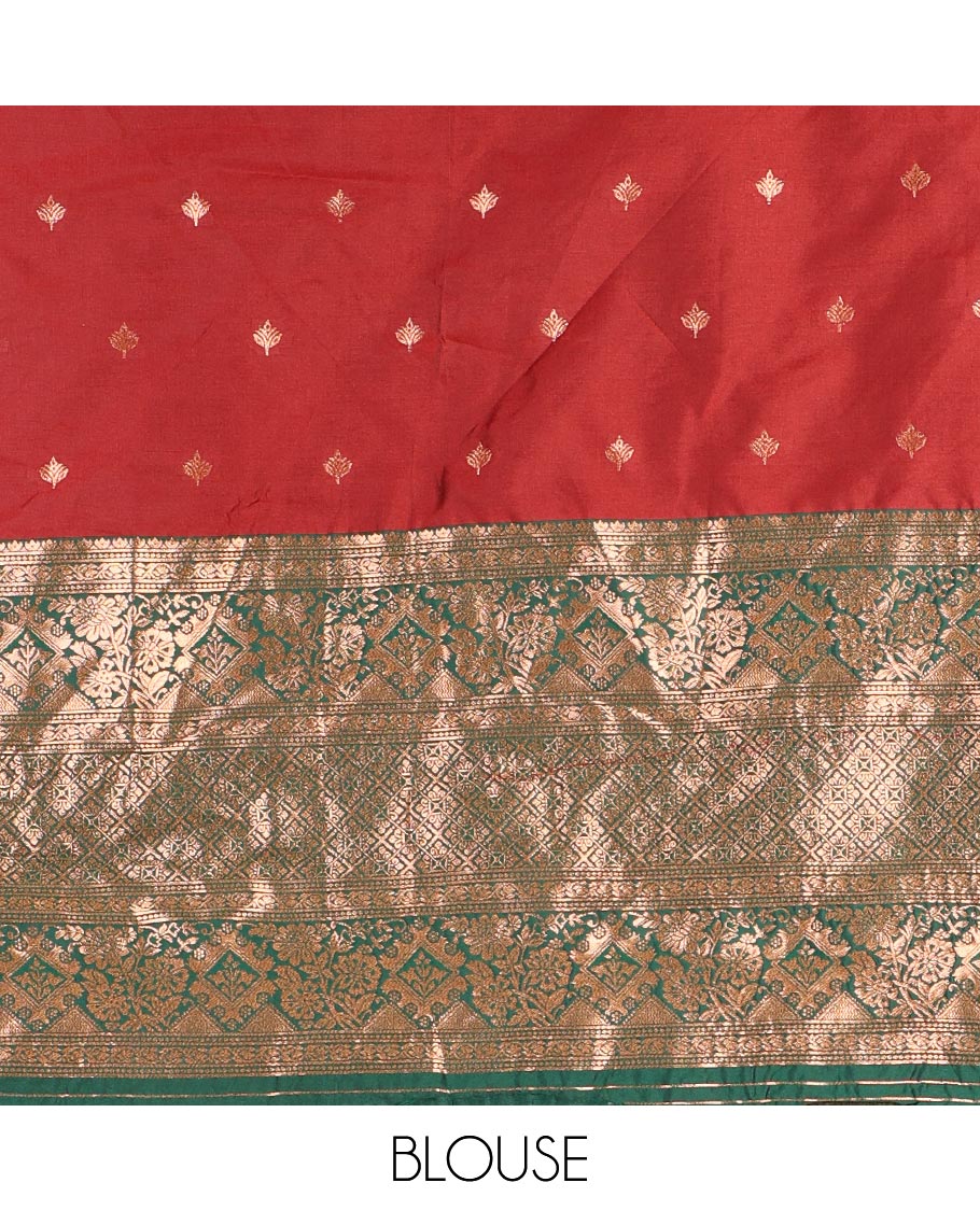 Maroon taffeta silk half saree, zari buttas with contrast green traditional zari border skirt, matching zari design blouse, and contrast plain zari border syska georgette dhavani