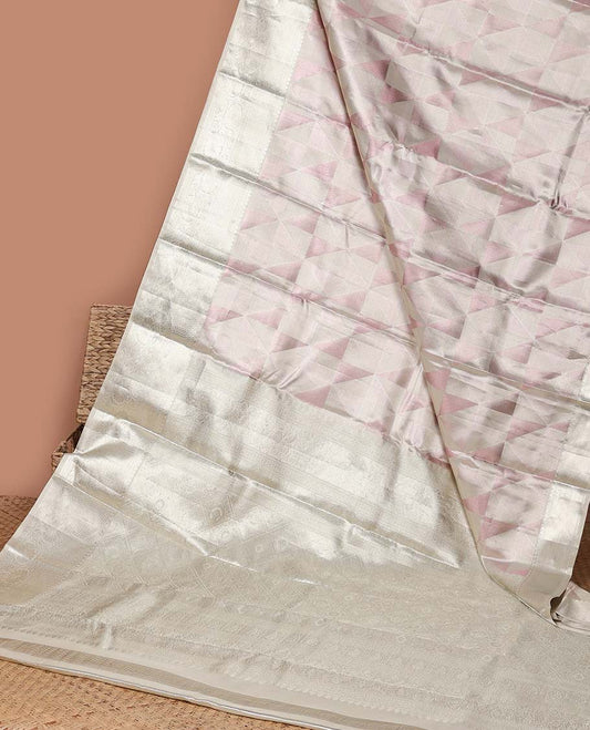 Beige geometric design kancheepuram tissue silk sareewith self border of thilakam mokku, kodi visiry, banaras design & zari design pallu