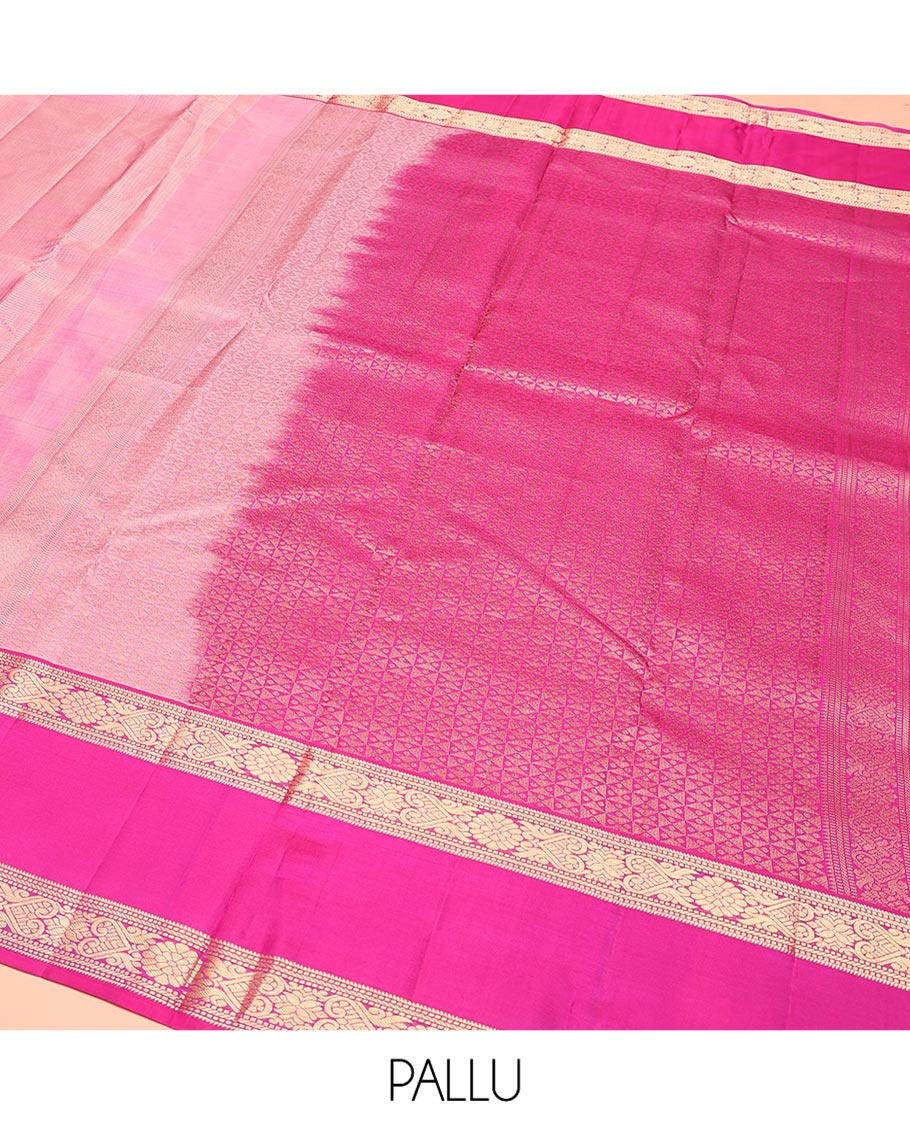 Pink Vasundhara Silk Saree, Subtly Sparkled with Micro-Checks on Its Body, Complemented by Contrast Rettai Pettu Border of Banaras, Muthu, and Jada Nagam Designs, Geometric-Patterned Pallu, and Paired with a Contrast Blouse
