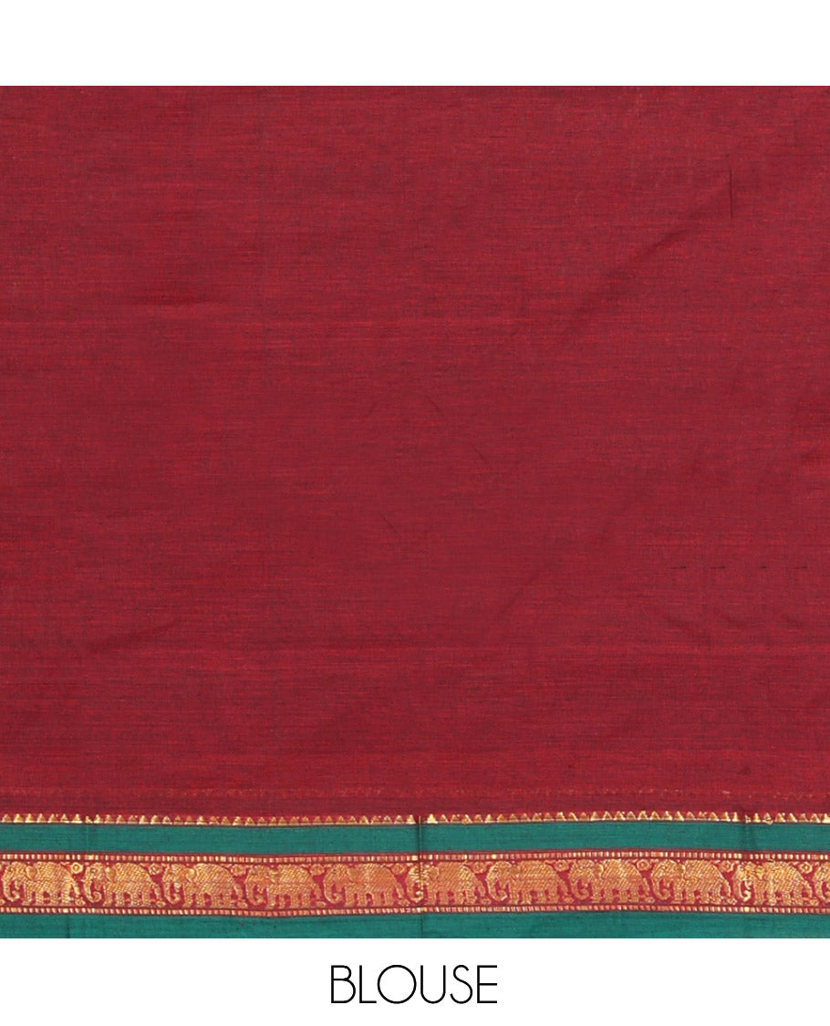 Maroon Cotton Half-Saree Features Plain Skirt, a Contrast Traditional Zari Border, a Matching Blouse, and a Contrast Dhavani