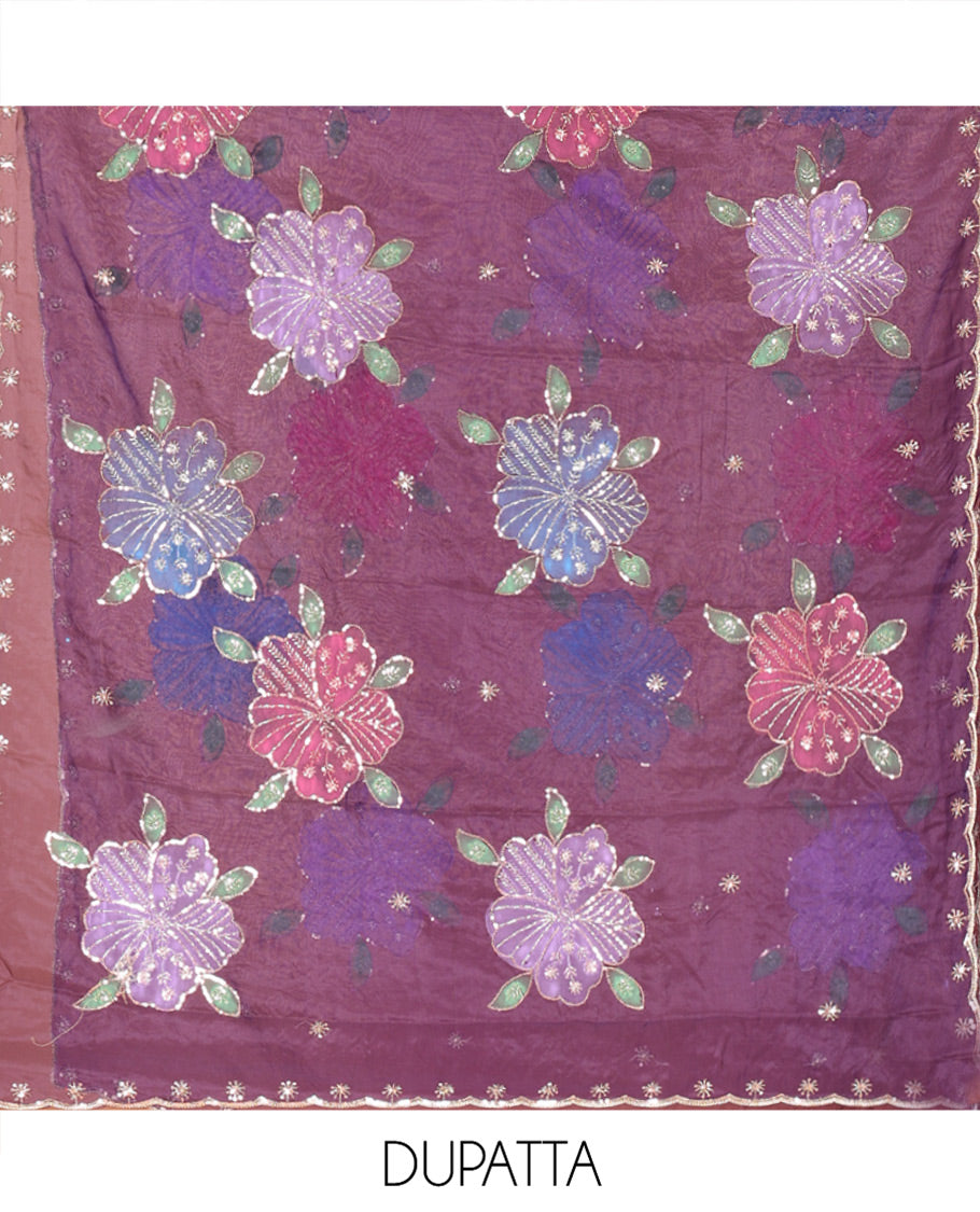 Dark Purple Vichitra Silk Material Chudidar Set, Enthralled with Pom-Pom Necklined Top, a Plain Santoon Bottom, and Paired Scallop Multi-Color Floral Embroidered Organza Dupatta
