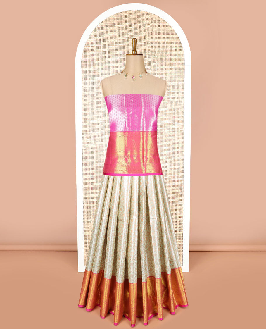 Cream floral jaal design art silk half saree with intricate zari design border, zari design blouse & plain, floral design dhavani