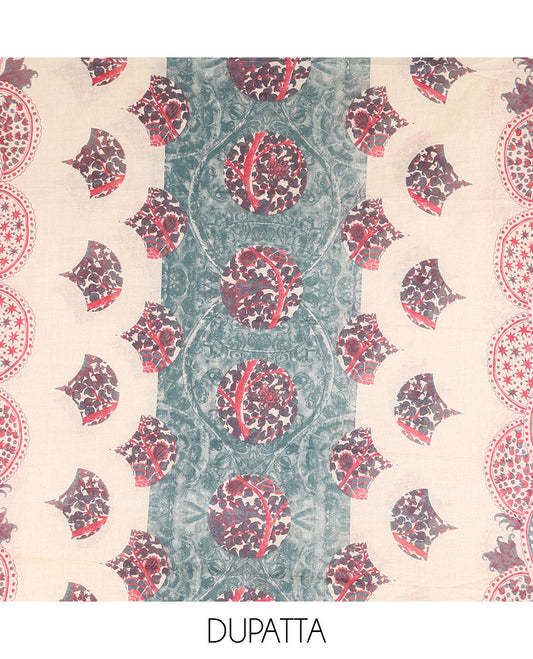 Green pure cotton material chudidar set, floral print with French knot and bead work top, plain cotton bottom, and floral-geometric printed dupatta