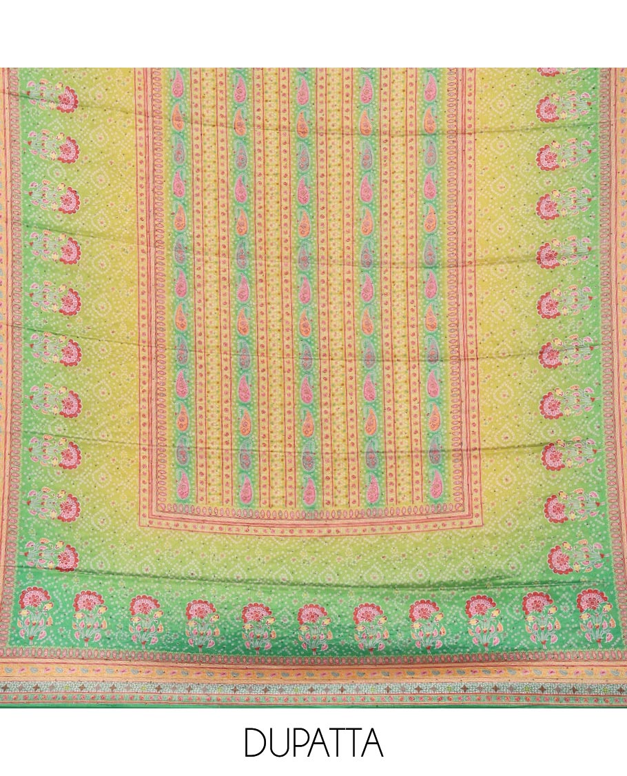 Parrot green bhandani print, floral design, swarovski work crepe chudidhar material top with american crepe pant & chinnon material bhandani print, swarovski work dupatta