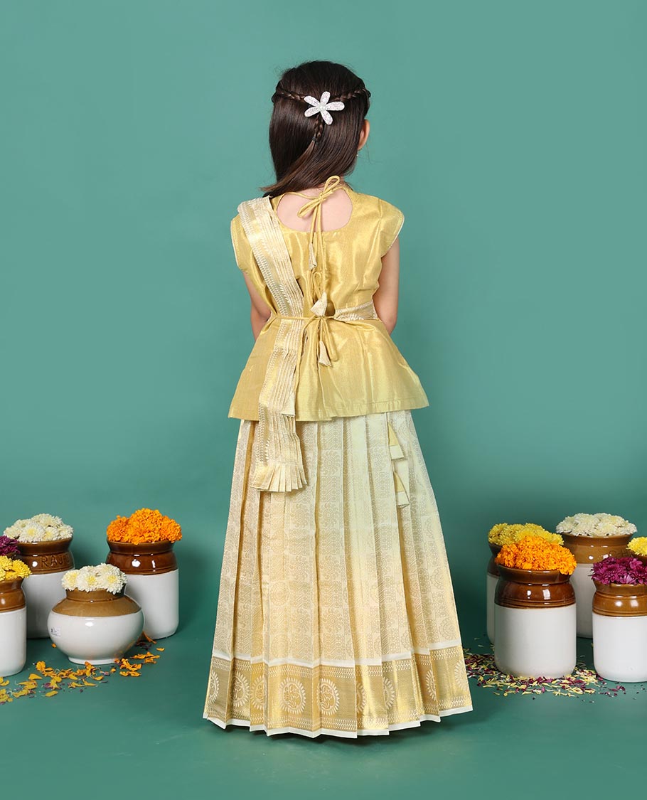 Cream art silk pavadai readymade set, golden zari chakram jacquard with traditional zari border skirt, embroidered sleeveless blouse, and detachable dupatta