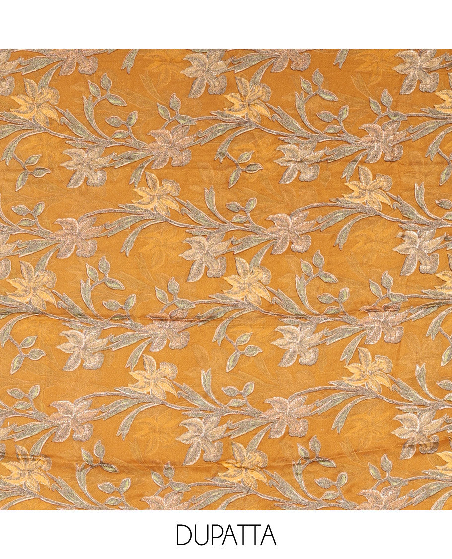 Mustard material chudidar set, plain with fancy thermacol balls neck work Vichitra top, cotton bottom, and floral printed dupatta