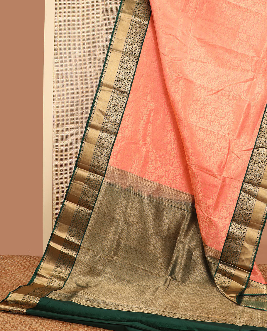 Peach floral design kancheepuram silk saree with contrast border of intricate zari design border & floral design pallu