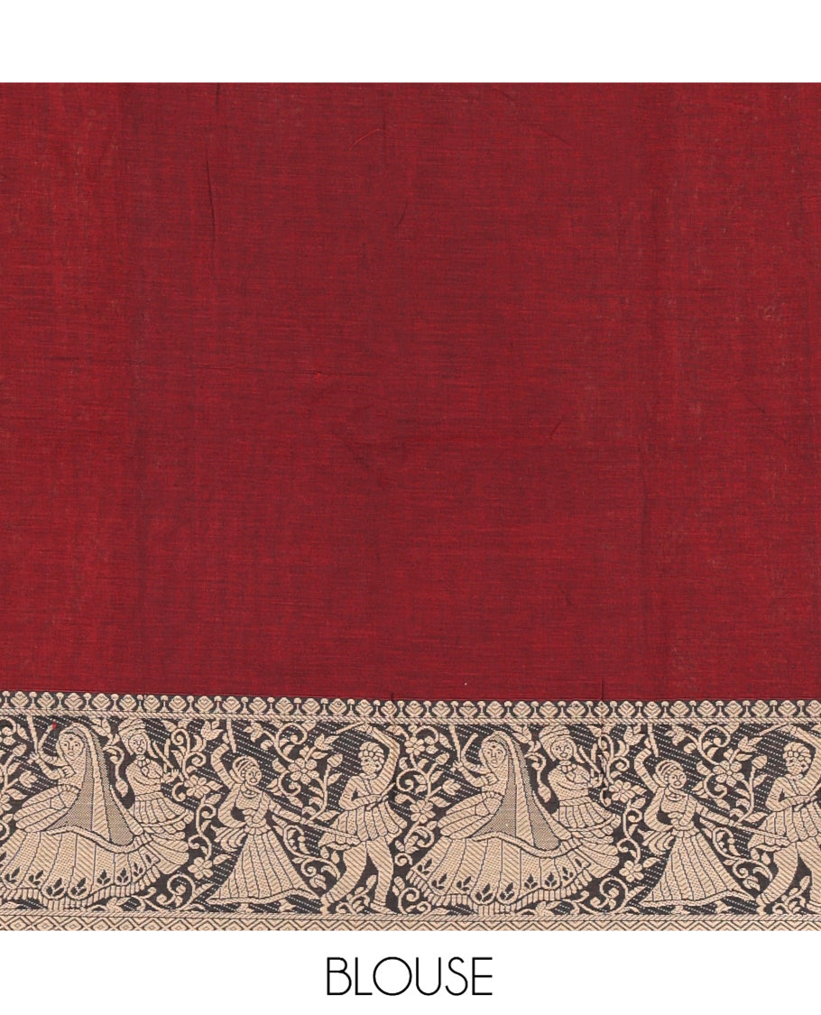 Maroon Mercerised Cotton Half-Saree Features a Plain Skirt, a Bridegroom Motif Border, a Matching Blouse, a Contrast Dhavani