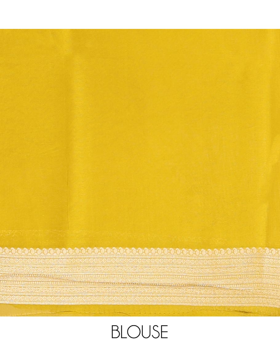 Mustard Russian Dola Silk Saree, Opulently Embellished with Zari Zig-Zag Jacquard on Its Body, Highlighted by Zari Buttas Woven Satin Border, Intricately Designed Pallu, and Paired with a Matching Blouse