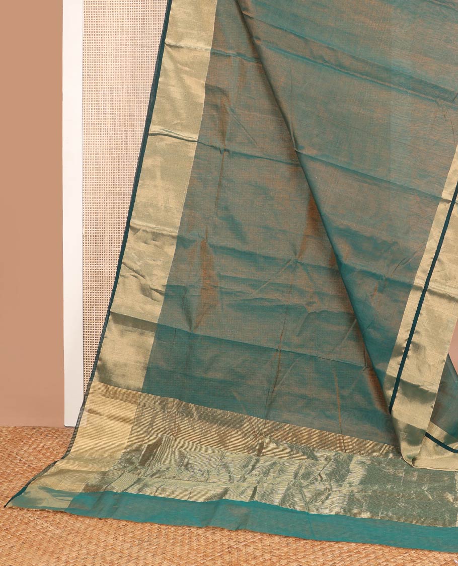 Green chanderi cotton saree with contrast border & striped pallu