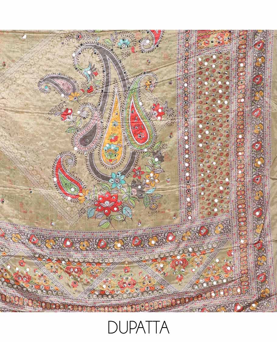 Light mehendi green jacquard ajrak, stone, mirror work crepe chudidhar material top with american crepe pant & chinnon material ajrak digital print , mirror work dupatta