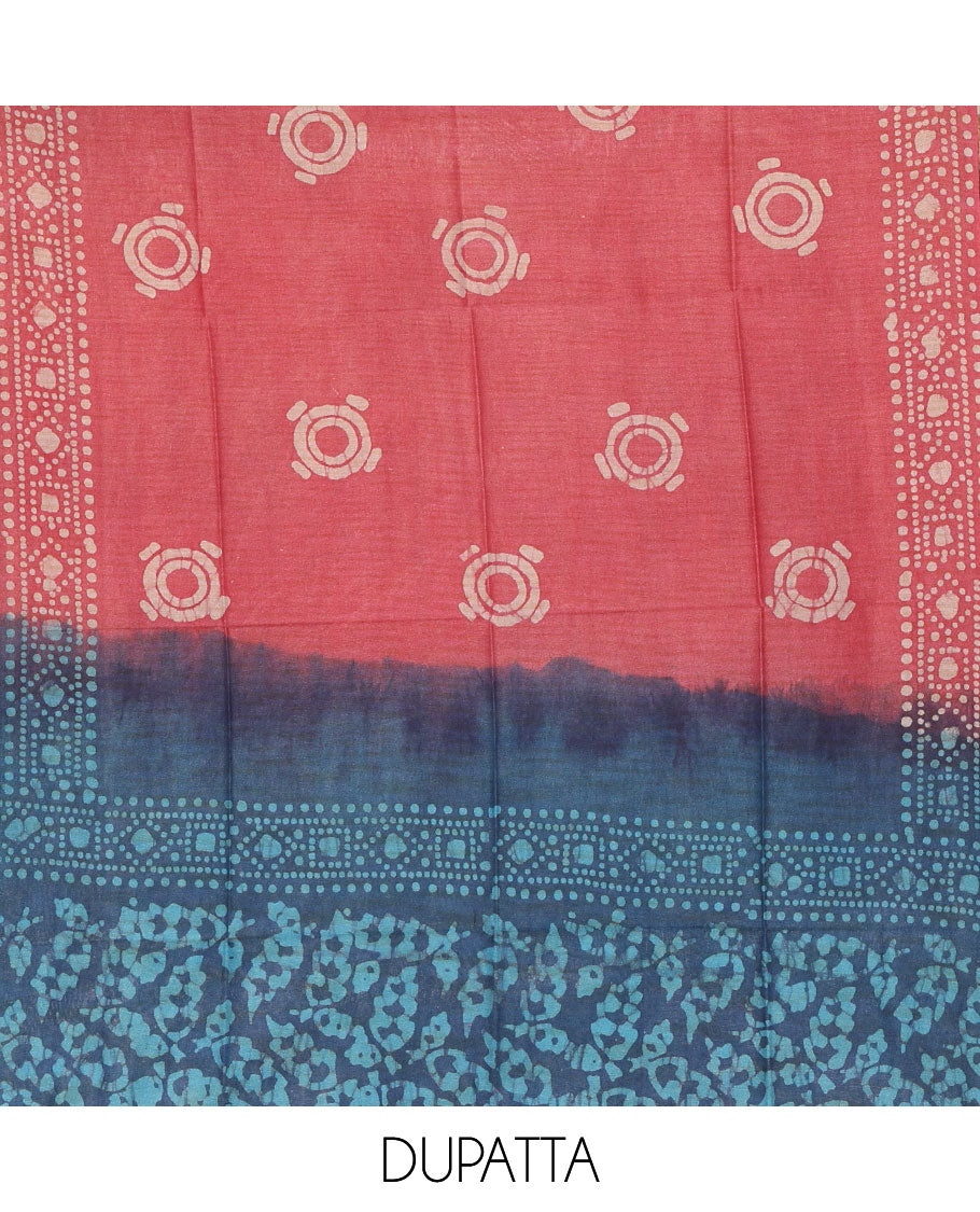 Blue chudidhar material, leaf batik-print bhagalpuri cotton top,contrast batik-print bottom & dual-color printed mul-mul dupatta