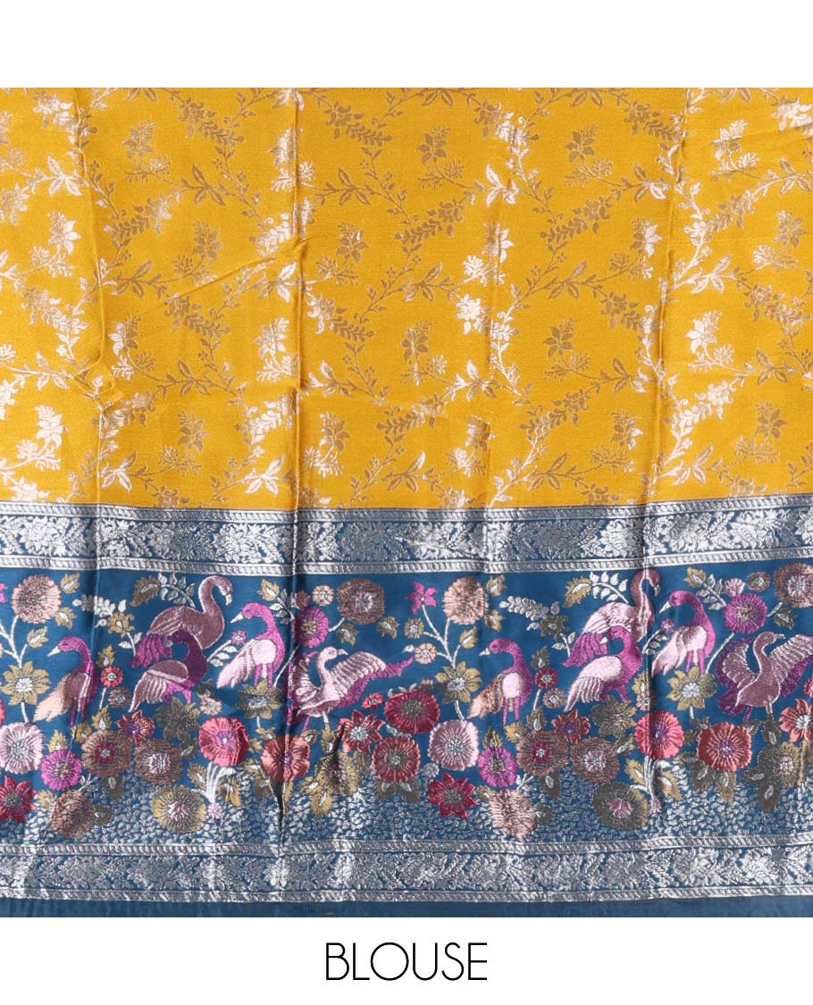 Haldi yellow taffeta silk half saree, floral jaal jacquard skirt, contrast wine zari meenakari style bird border, matching blouse, and floral jaal dhavani
