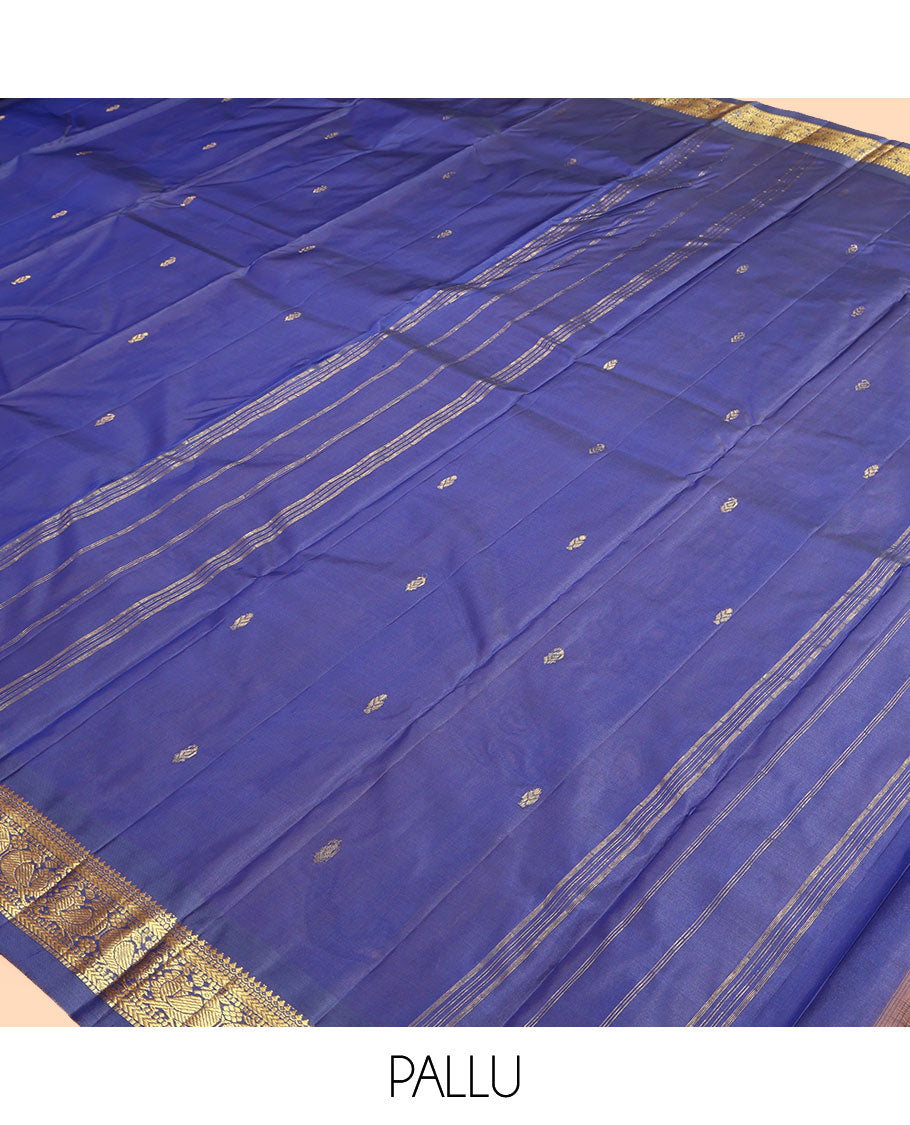 Blue Kanchipuram Silk Saree, Enriched with Zari Buttas, a Semi-Contrast Zari Border, Zari Design Pallu, and a Matching Blouse