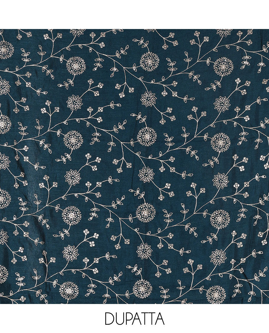 Rust Vichitra silk material churidar set, floral motifs embroidered top, contrast Santoon bottom, and floral vine thread embroidered scallop dupatta