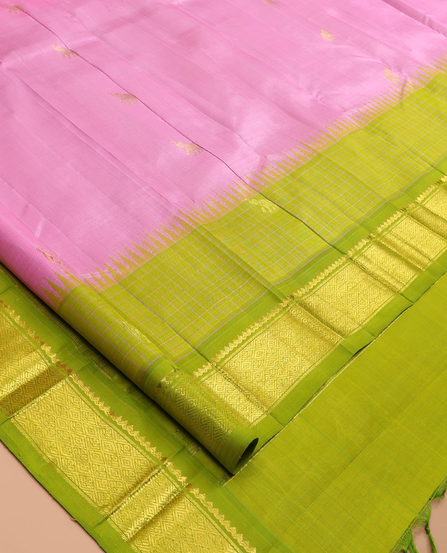 Pink Kanchipuram Silk Saree, Woven with Yaanai Buttas, a Contrast One-Sided Thazampoo Rekku Border of Panner Sombu, Banaras, Muthu, and Mayil Kann Designs, Floral Pallu, and No Blouse